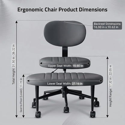 Cross Legged Office Chair with Wheels, 360 Swivel Height-Adjustable Meditation Chair with Lumbar Support, PU Leather, Gray