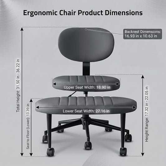 Cross Legged Office Chair with Wheels, 360 Swivel Height-Adjustable Meditation Chair with Lumbar Support, PU Leather, Gray