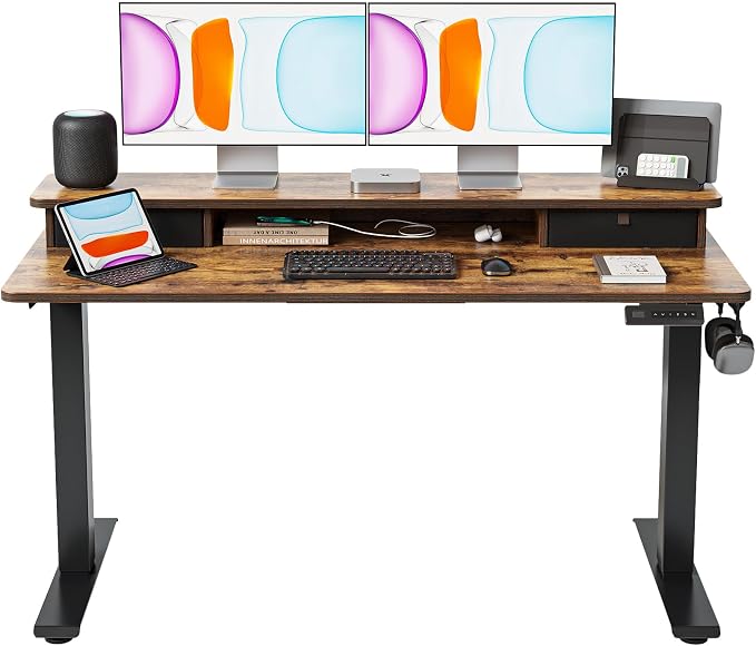 BANTI 55x24 Inch Electric Standing Desk with Dual Drawers, Height Adjustable Stand Up Table, Sit Stand Home Office Desk with Storage Shelf, Black Frame/Rustic Brown Top
