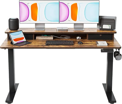 BANTI 55x24 Inch Electric Standing Desk with Dual Drawers, Height Adjustable Stand Up Table, Sit Stand Home Office Desk with Storage Shelf, Black Frame/Rustic Brown Top