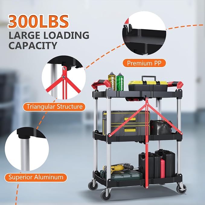 Foldable Utility Service Cart, 3 Tier Folding Service Cart Collapsible with 360° Swivel Wheels, 200 LBS Heavy Duty Plastic Rolling Tool Cart Portable for Warehouse Garage Workshop Office