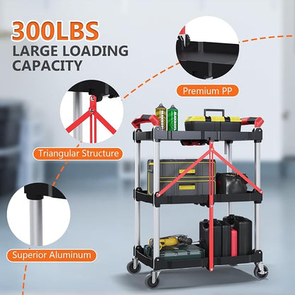 Foldable Utility Service Cart, 3 Tier Folding Service Cart Collapsible with 360° Swivel Wheels, 200 LBS Heavy Duty Plastic Rolling Tool Cart Portable for Warehouse Garage Workshop Office