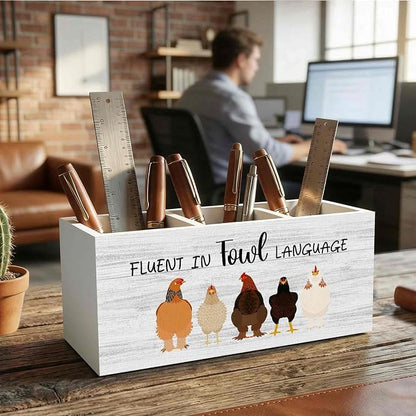 Funny Chicken Pencil Pen Holder for Desk Organizer, Chicken Lovers Gifts for Women Men, Fluent in Fowl Language Wooden Box Decorations for Home Office Bedroom Desk Tabletop Decor