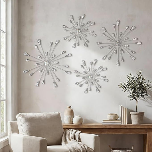 ZEXUIRU 4 Set Silver Starburst Wall Art for Home Decor Metal Bling Crystal Rhinestones Sunburst Wall Decor Sparkling Rhinestone Art Accent -Silver 13in/11.8in/9.8in/9.8in