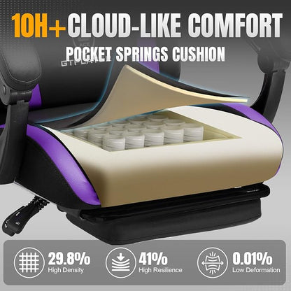 GTPLAYER Gaming Chair with Pocket Spring Cushion, Leather Office Chair with Ergonomic High Back & Lumbar Support for Back Pain Relief, Computer Game Chair for Adults, Purple/Black
