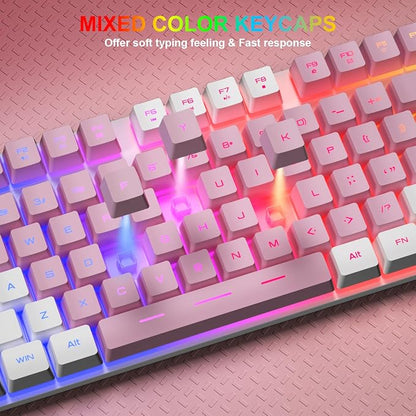 BlueFinger RGB Gaming Keyboard and Backlit Mouse Combo, USB Wired, LED Gaming Set for Laptop PC Computer Game and Work (White & Pink)