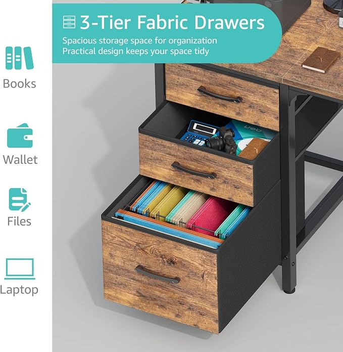 Lufeiya Computer Desk with File Drawers Cabinet, 47 Inch Reversible Home Office Desks with Fabric Filing Cabinet for Small Space, Study Writing Table PC Desks, Rustic Brown
