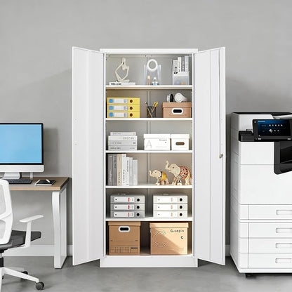 Metal Storage Cabinet with Lock,Tall White File Cabinet with 2 Doors and 5 Adjustable Shelves,Steel Storage Cabinets for Garage,Home Office,Pantry,School,Hospital