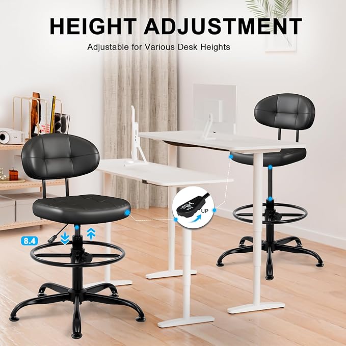 Misolant Armless Drafting Chair, Tall Office Chair no Wheels with Footrest Ring for Standing Desk, Small Faux Leather Executive Chair with Adjustable Height for Bar Counter Desk Black