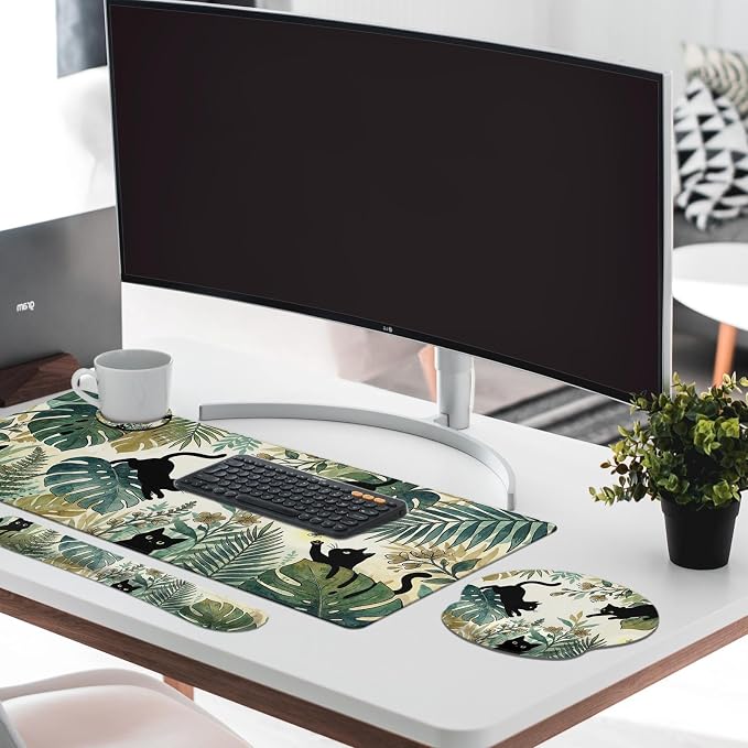 Britimes Green Tropical Plants Keyboard Mouse Pad Set Black Cats 4in1 Large Mousepad+Keyboard Wrist Rest+Mouse Wrist Rest+Coaster Ergonomic Design for Home Office Computer 35.4x15.7 inches