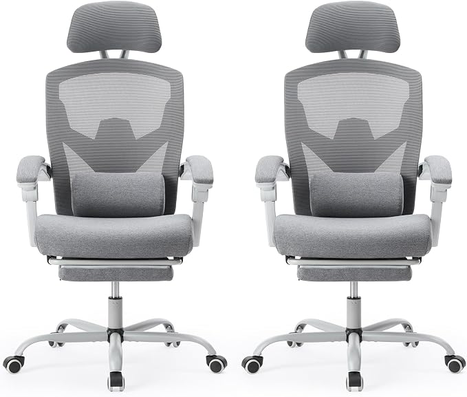 Sweetcrispy Office Computer Desk Chair Set of 2, Ergonomic High-Back Mesh Rolling Work Swivel Chairs with Wheels, Comfortable Lumbar Support, Comfy Arms for Home, Bedroom, Study, Student, Light Grey