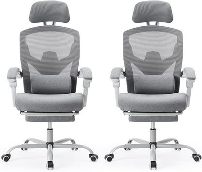 Sweetcrispy Office Computer Desk Chair Set of 2, Ergonomic High-Back Mesh Rolling Work Swivel Chairs with Wheels, Comfortable Lumbar Support, Comfy Arms for Home, Bedroom, Study, Student, Light Grey