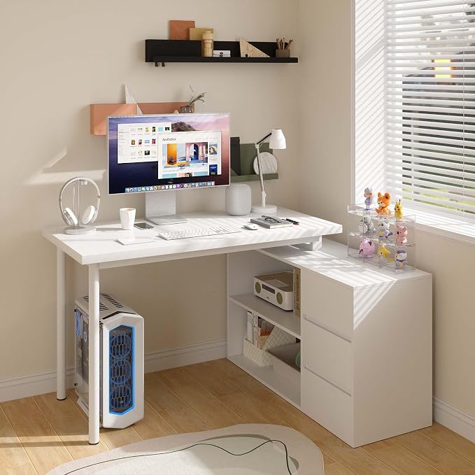 Bobve L Shaped Computer Desk, 47 Inch Home Office Desk with File Drawers & Storage Shelves, Small Corner Computer Desk for Small Space (White)