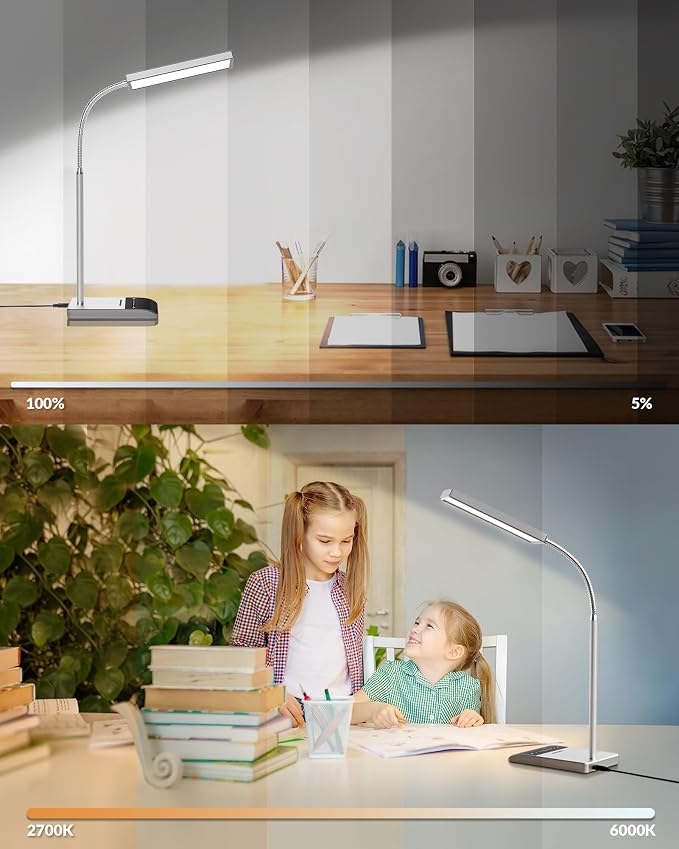LEPOWER Desk Lamp, 800LM LED for Home Office, 12W Reading for Desk, Eye-Caring Light, Touch Table Gooseneck Lamp, 50 Lighting Modes, Bright for Bedroom, Study (Grey)
