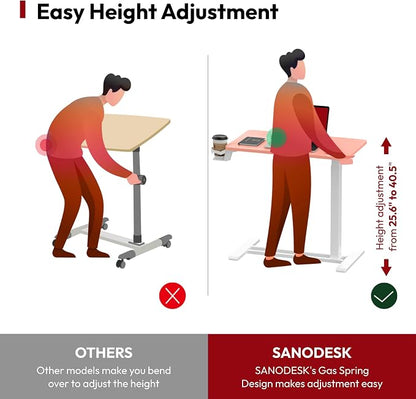 SANODESK Mobile Standing Desk with Hidden Wheels,Pneumatic Laptop Desk Rolling Computer Cart Movable Height Adjustable Small Sit Stand Desk for Home Office(27.6" W x 15.7" D, Pink)