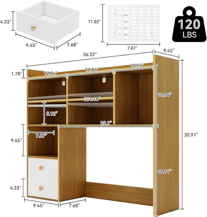 ELECWISH Desktop Bookshelf, Desk Shelf with 2 Drawers for Computer Desk, 36.22" 7-Tier Adjustable Desktop Hutch Organizer with Pegboard for Home Office, Oak