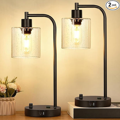 Set of 2 Industrial Table Lamps with USB C+A Ports and Outlet, Fully Stepless Dimmable Bedside Lamps for Bedrooms, Nightstand Lamp with Seed Glass Shade for Reading Living Room Office (Bulbs Included)