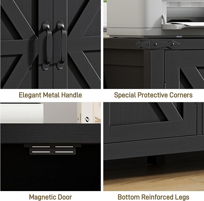 Befrases Farmhouse File Cabinet with Doors, Lateral Filing Cabinet with 3 Drawers for Letter/A4 Size Hanging Files, Large Wooden Storage Cabinet with Adjustable Shelves for Home Office, Black