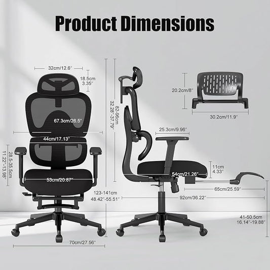 Ergonomic Office Chair with Footrest – Adjustable Lumbar Support, 3D Armrests & Headrest, Wide-Seat High-Back Mesh Computer Chair with Casters, Suitable for Home & Office, Black