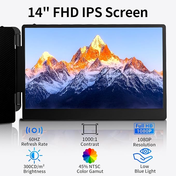 Laptop Screen Extender 14" - Dual Portable Monitor FHD 1080P IPS Second Screen for 13"-17" Laptops, Plug & Play for Trip/Remote Work Compatible with Windows/Mac/Android/Chrome