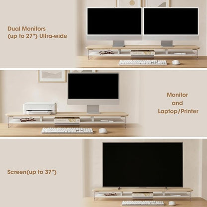 Fenge Acrylic Monitor Stand Riser, 42.5 Inches Dual Monitor Stand with Metal Storage, 2 Tier Acrylic Computer Riser for Desk, Clear Laptop Stand for PC, Laptop, Printer, TV, Oak