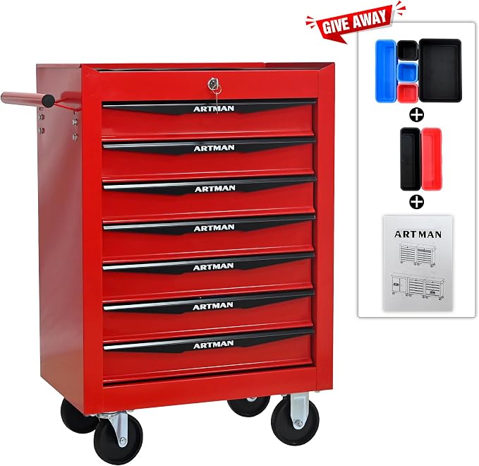 RYH 7 Drawers Rolling Tool Chest - Heavy Duty Mobile Tool Cart with Locking Wheels & Ball Bearing Drawers,30.5" H x 20.9" W x 13" D Garage Tool Storage Cabinet (Red, 7 Drawers)