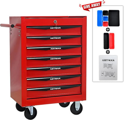 RYH 7 Drawers Rolling Tool Chest - Heavy Duty Mobile Tool Cart with Locking Wheels & Ball Bearing Drawers,30.5" H x 20.9" W x 13" D Garage Tool Storage Cabinet (Red, 7 Drawers)