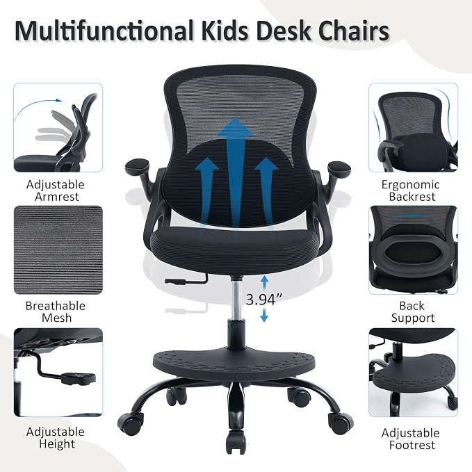 Kids Desk Chair,Ergonomic Study Chair with Adjustable Height,Swivel Mesh Desk Chair with Wheels,Home Office Chair for Children in Home Bedroom Black