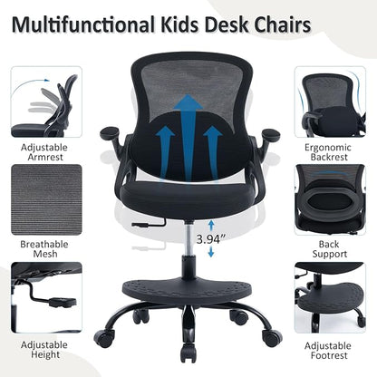 Kids Desk Chair,Ergonomic Study Chair with Adjustable Height,Swivel Mesh Desk Chair with Wheels,Home Office Chair for Children in Home Bedroom Black