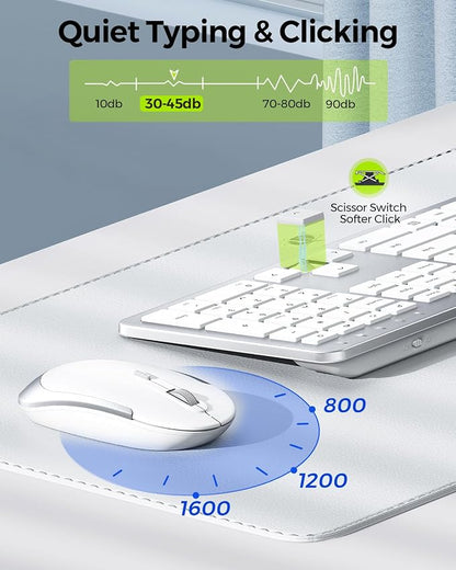 Wireless Keyboard and Mouse Combo - Full Size Slim Thin Wireless Keyboard Mouse with Numeric Keypad 2.4G Stable Connection Adjustable DPI (White & Silver)