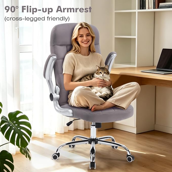 High Back Fabric Office Chair, Comfy Velvet Executive Desk Chair with Flip-Up Arms, Ergonomic Office Desk Chair with Lumbar Support, Upholstered Home Computer Chair with Wheels (Grey)