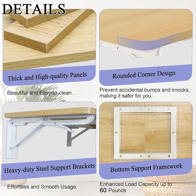 TEAMIX Wall Mounted Folding Table, Floating Desk for Small Spaces, Drop Leaf Dining Table for Kitchen Fold Down Laundry Shelf with Heavy-Duty Brackets