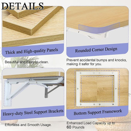 TEAMIX Wall Mounted Folding Table, Floating Desk for Small Spaces, Drop Leaf Dining Table for Kitchen Fold Down Laundry Shelf with Heavy-Duty Brackets