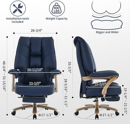 EXCEBET Big and Tall Executive Office Chair with Footrest, 400LBS Capacity Ergonomic High-Back Desk Office Chair with Lumbar Support, Padded Armrests & Thick Cushion, Blue PU Leather Chairs