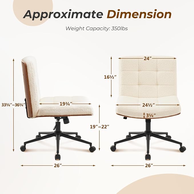 Furnimart Heavy-Duty FSC Wooden Wide Desk Chair, 360° Swivel Criss Cross Office Chair with Wheels, Comfy Cross Legged Sitting, Armless Rolling Chair for Bedroom, Office, Vanity (Faux Fur White)