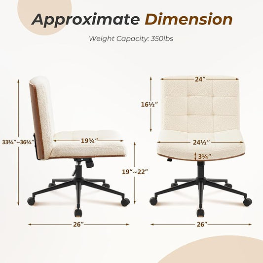 Furnimart Heavy-Duty FSC Wooden Wide Desk Chair, 360° Swivel Criss Cross Office Chair with Wheels, Comfy Cross Legged Sitting, Armless Rolling Chair for Bedroom, Office, Vanity (Faux Fur White)