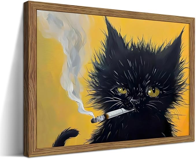 Vintage Framed Black Cat Wall Art, Black Cat Painting Portrait Wall Decor, Mens Room Canvas Print Poster, Cool Animals Picture Art for Bathroom Decor 8x10 inch Wood Framed