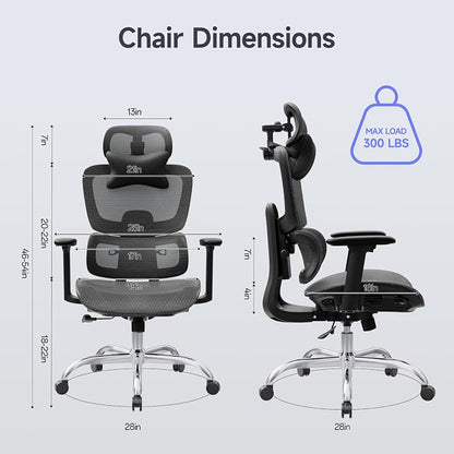 Ergonomic Office Chair with 3D Headrest, Computer Chair with Adjustable Backrest & 3D Armrest, Gaming Chair with Adaptive Lumbar Support, Mesh Backrest & Cushion, Black