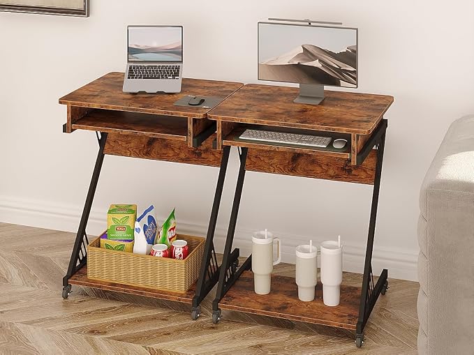 Zenira 24-Inch Small Computer Desk, 30-Inch Tall with Drawers, Corner Desk with Wheels for Gaming, Bedroom, Home, Office - Brown