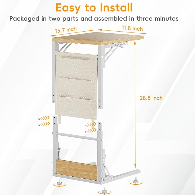 Folding TV Tray Table, Small Folding Side Table with Storage Bag, Portable C Shaped End Table for Couch Sofa Bed, Light Walnut