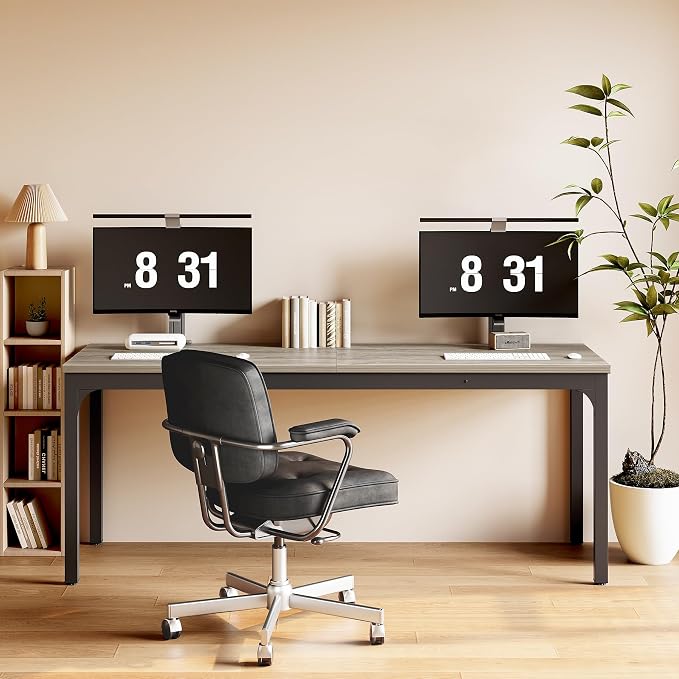 LITTLE TREE 78.7-Inch Ultra Long Double Desk, Writing Gaming Work Computer Two-Person Desk for Home Office, Grey + Black
