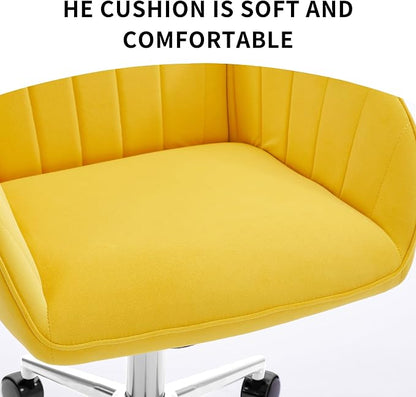 YITAI Velvet Office Desk Chair with Silver Foot Base, with Wheels,Modern Height Adjustable 360 Degree Swivel Upholstered Vanity Chairs with Arms for Living Room Bedroom,Yellow