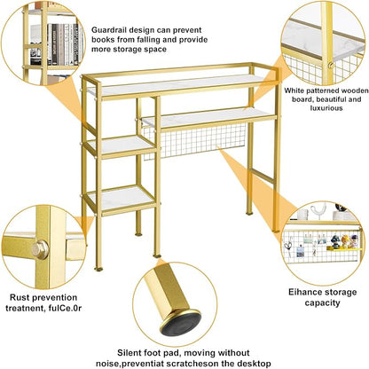 Desk Shelf with Grid Panel, 37.5" Desktop Hutch Organizer, 4-Tier Desk Bookshelf for Computer Desk, Metal & Wood Desktop Storage Rack for Home Office, Dorm, Study Desk, Gold