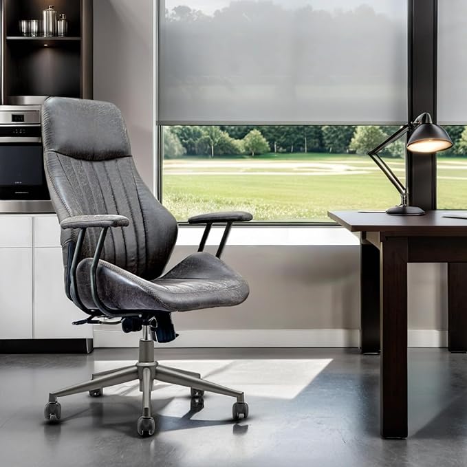 High Back Home Office Chair, Mid Century Vintage Executive Chair,Comfy Ergonomic Rolling Office Task Chair with Lumbar Support,Faux Leather Office Chair,Dark Gray