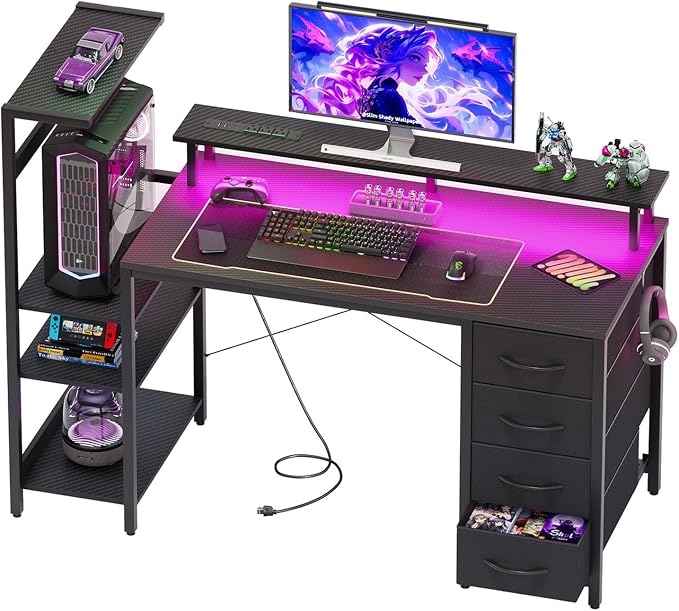 51 Inch Gaming Desk with Power Outlet and LED Lights, Computer Desk with 4 Drawers & Storage Shelves, Reversible Home Office Desk with Monitor Stand for Small Space Bedroom, Carbon Fiber Black