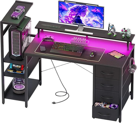 51 Inch Gaming Desk with Power Outlet and LED Lights, Computer Desk with 4 Drawers & Storage Shelves, Reversible Home Office Desk with Monitor Stand for Small Space Bedroom, Carbon Fiber Black