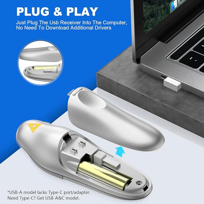 QUI Presentation Clicker Wireless Presenter Remote Clicker for PowerPoint Presentation Remote, PowerPoint Slide Advancer for Mac/Windows/Google Slide/Keynote, Silver, A