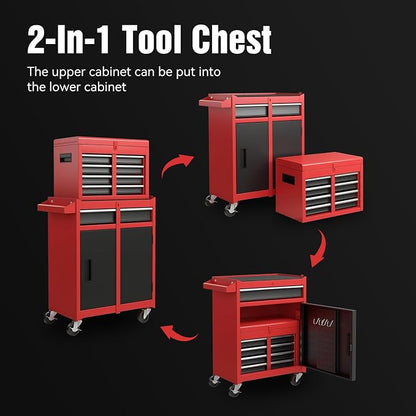 RYH 5 Drawers Rolling Tool Chest & Tool Box on Wheels | Heavy Duty Metal Cart with Ball Bearing Drawers | Fits US General Tool Box for Garage Storage (Red, 5 Drawers（42.1" H × 20.7" W × 11" D)