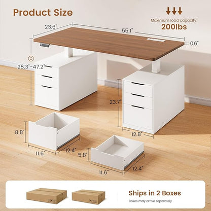 SEDETA Electric Standing Desk with 6 Drawers, 55" Adjustable Stand up Desk with Storage, Computer Desks with Power Outlets for Home Office, White
