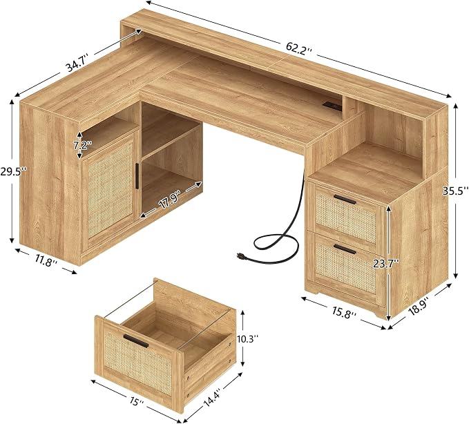 TVU Farmhouse L Shaped Desk with Drawers, 62.2" Home Office Desk with Storage Shelves and Power Outlet, L Shaped Computer Desk with Monitor Stand and Printer Shelf, Oak/Rattan